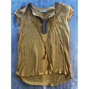 DR2 Women’s Medium Mustard Swiss Dot Boho Peasant Top Tassel Tie High Low Blouse
